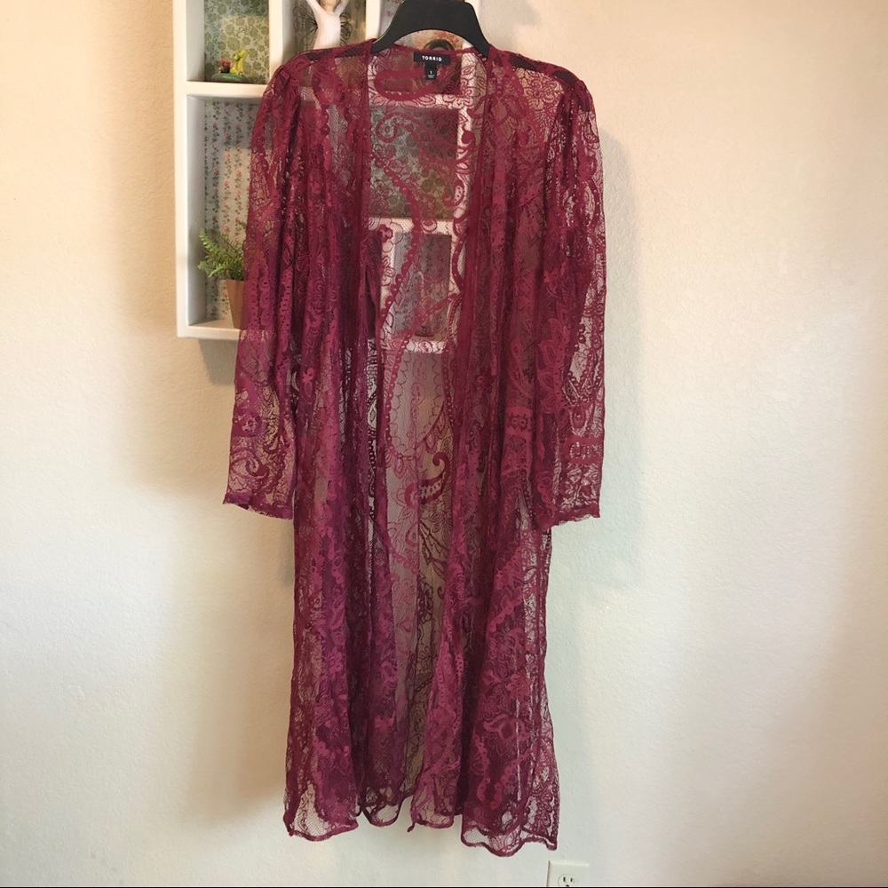 Torrid Size 1 Long Lace Jacket Duster Kimono Dark Red Maroon